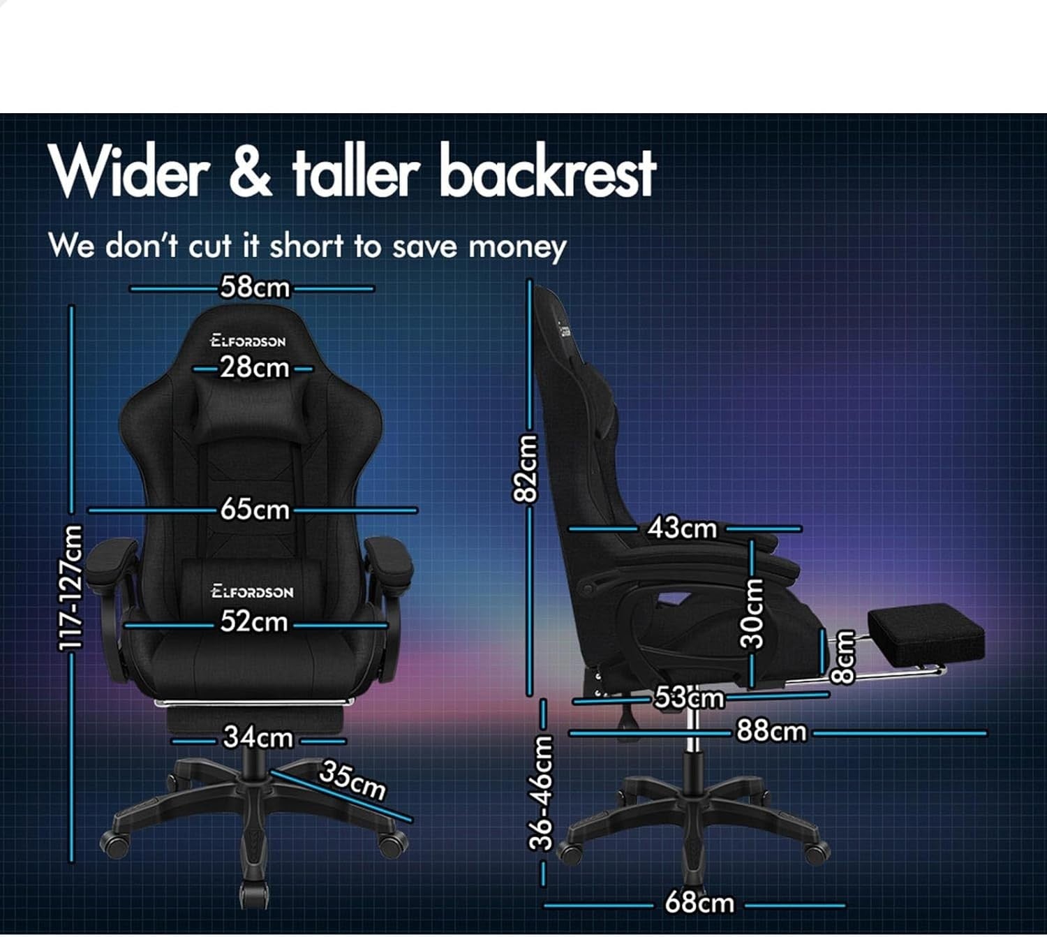 Gaming Chair Ergonomic Recliner Office Swivel Desk Seat Linen Fabric Black
