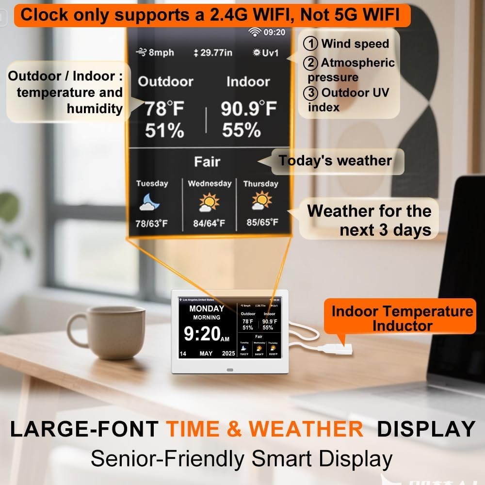 Large Digital Clock 7in Display Temperature Humidity Alarms Elderly
