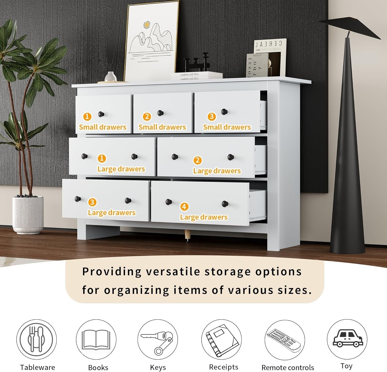 White 7 Drawer Chest Sideboard Cabinet for Bedroom, Living Room & Office