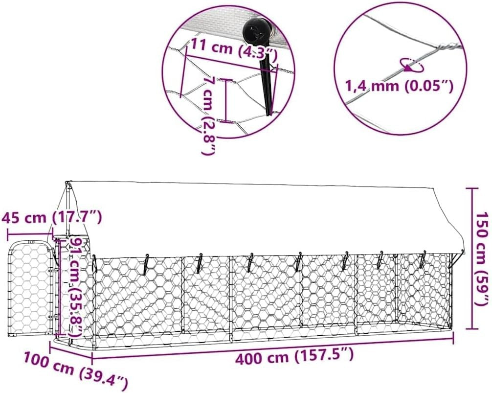 Outdoor Dog Kennel 400x100x150cm with Roof, Lockable Latch, Steel Frame