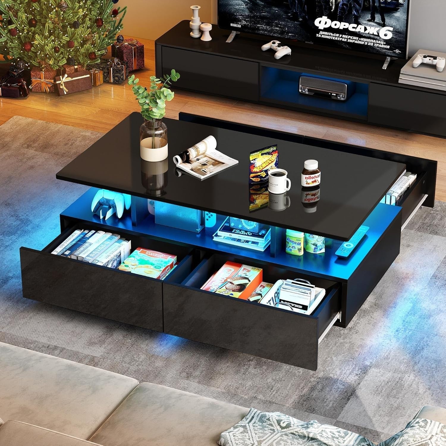 Black LED Coffee Table with Storage Drawers Gloss Finish | 16-Color Lights