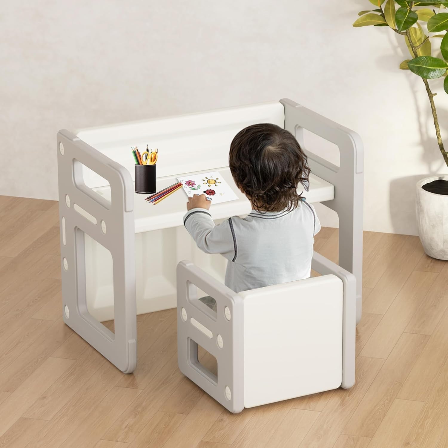 Montessori Kids Table & 2 Chairs Set, Grey Plastic Activity Desk & Stools