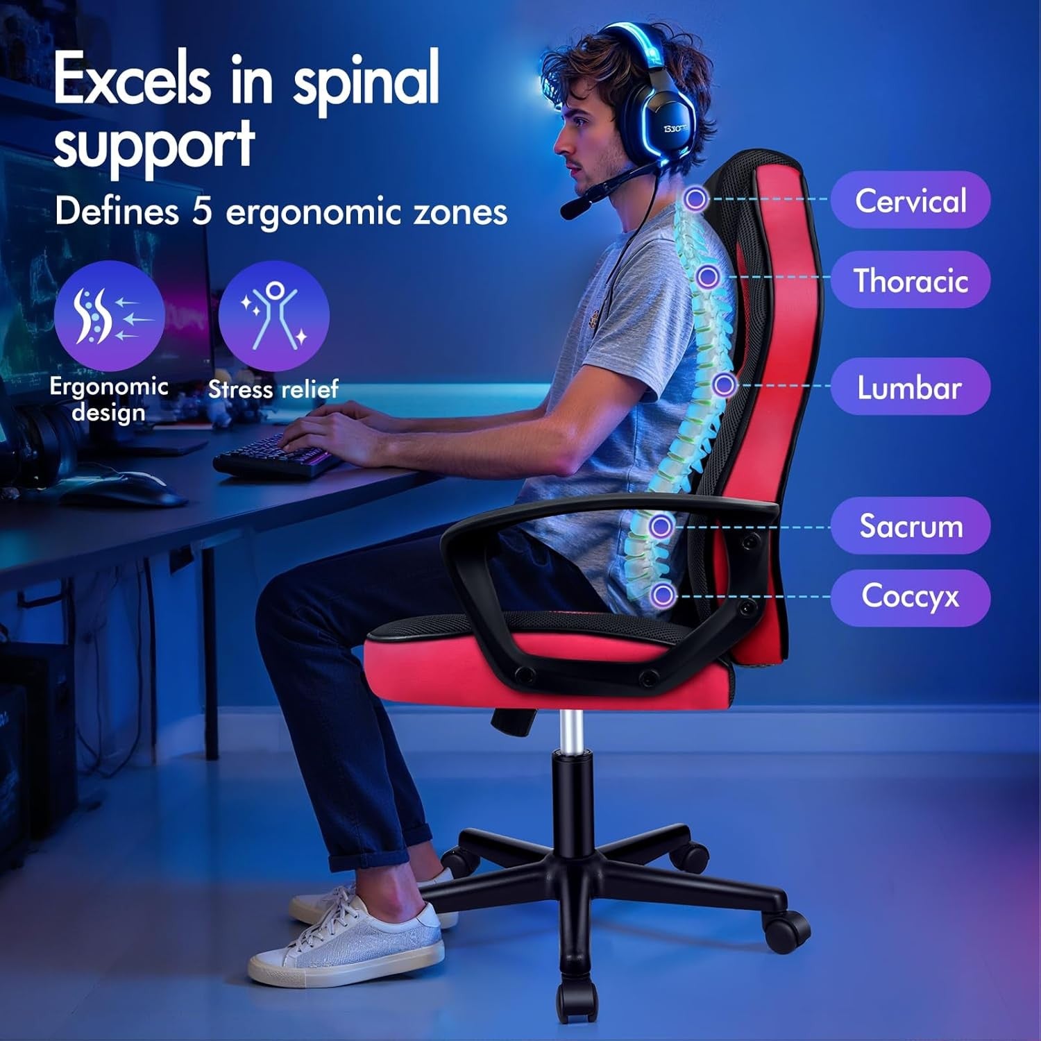 Ergonomic Gaming Chair Racing Swivel Desk Chair Mesh PU Red