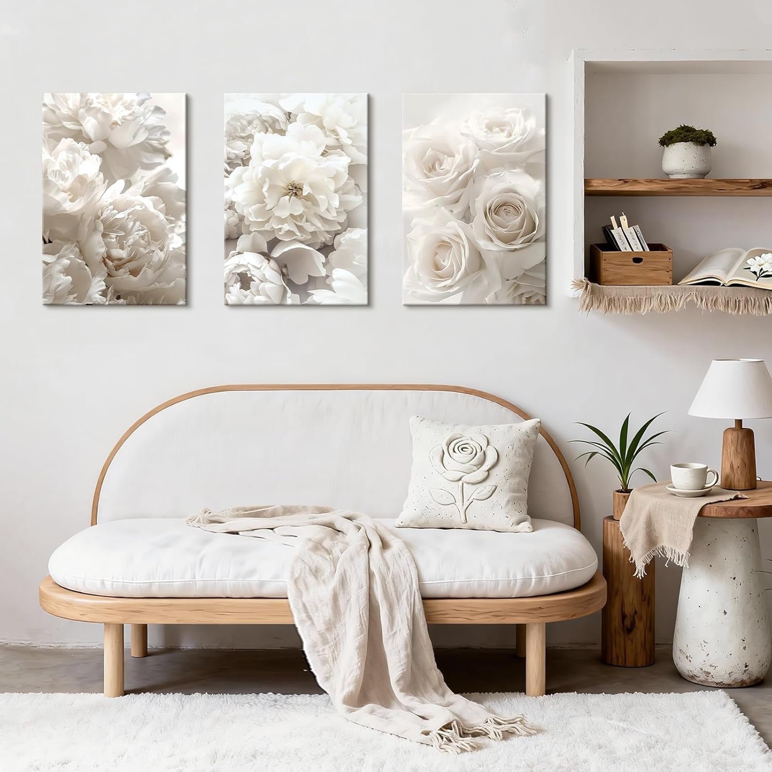 White Floral Canvas Wall Art Set 3 Rose Peony 40x60cmx3