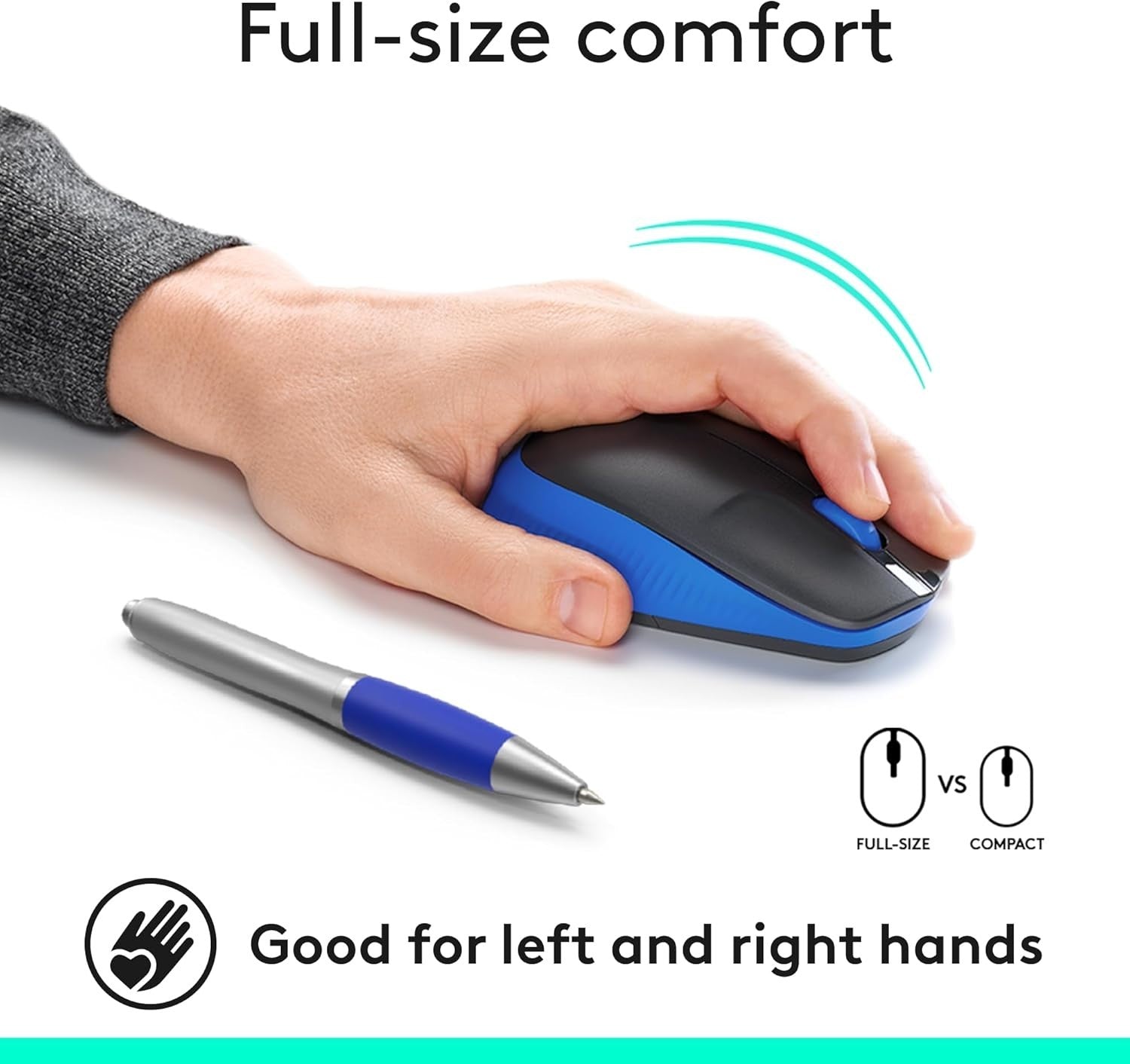 Full Size Wireless Mouse Blue USB 18 Month Battery Ergonomic