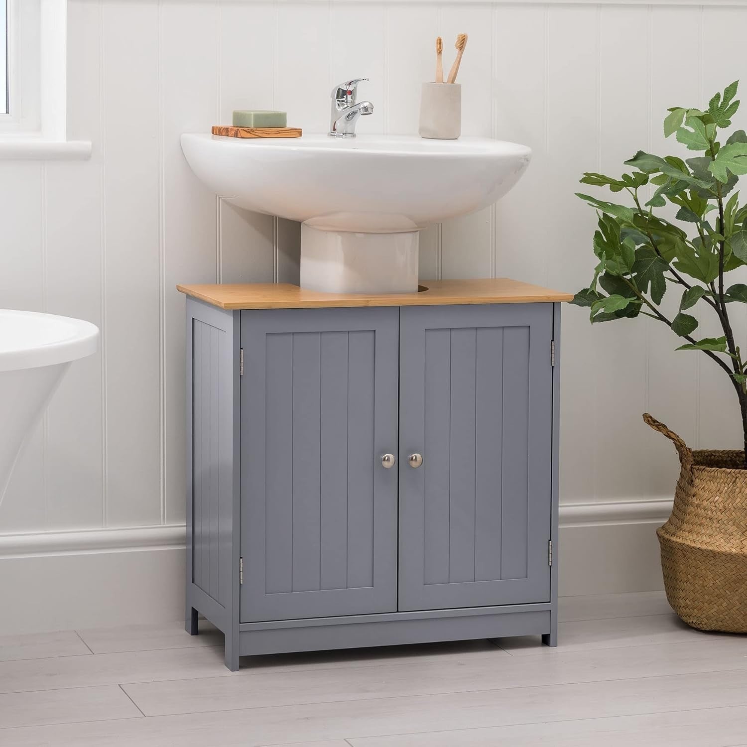 Grey Under Sink Bathroom Cabinet – 2 Door Storage Cupboard 60x30x60cm