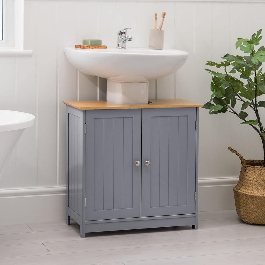 Grey Under Sink Bathroom Cabinet – 2 Door Storage Cupboard 60x30x60cm