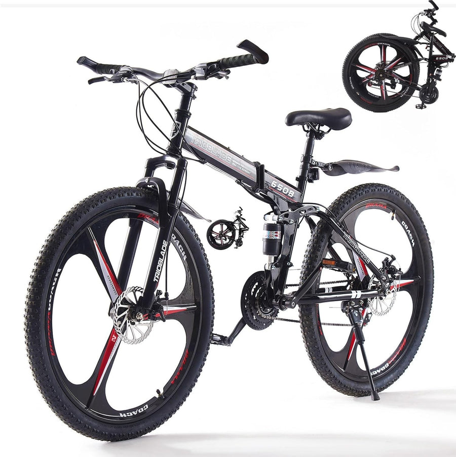 Foldable 26” BlackRed Mountain Bike Dual Suspension 21 Speed Lightweight