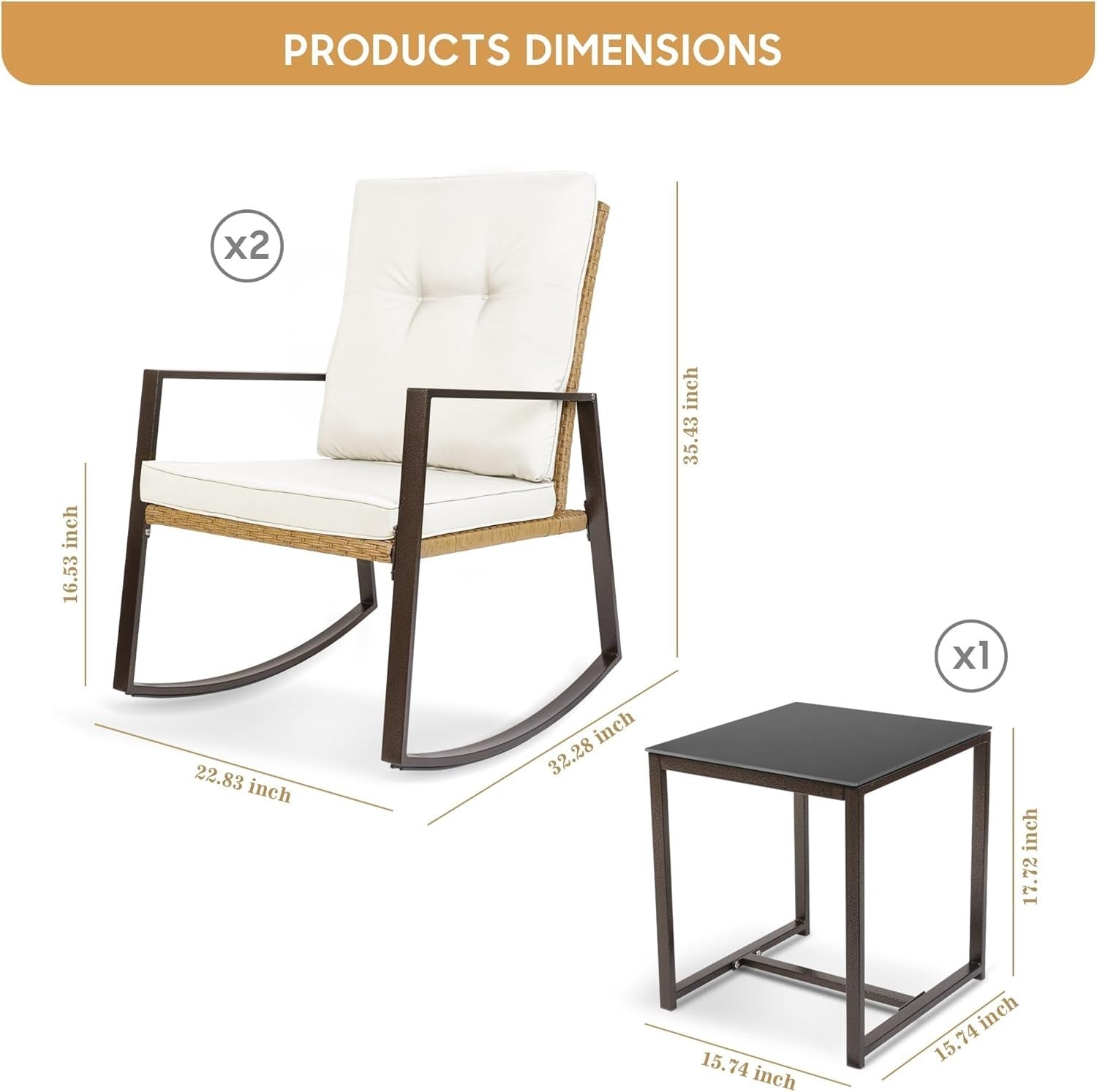 Rocking Rattan Bistro Set 3 Piece Patio Chairs Cushions Glass Table
