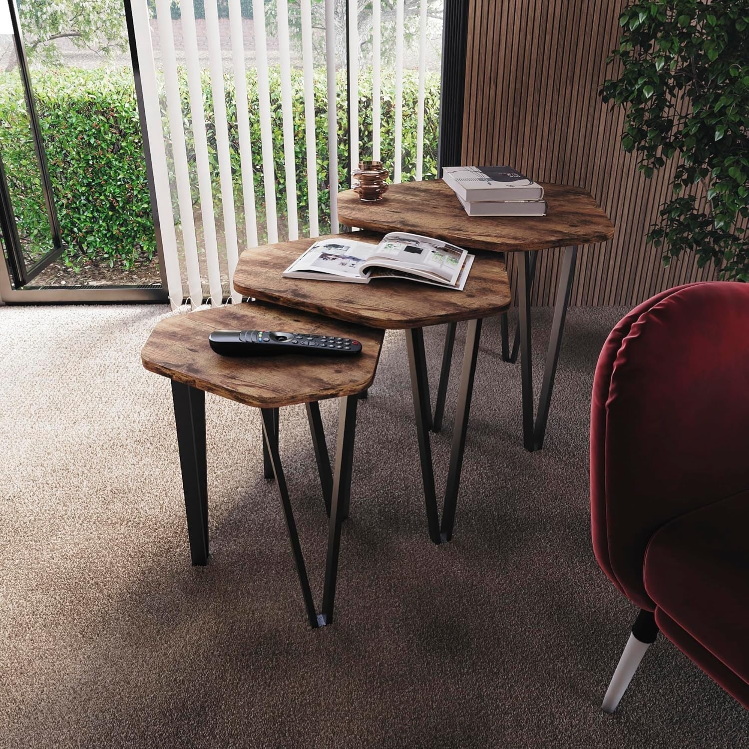 3 Nesting Coffee Tables Set Industrial Style Hexagonal Wood Metal Frame Side End