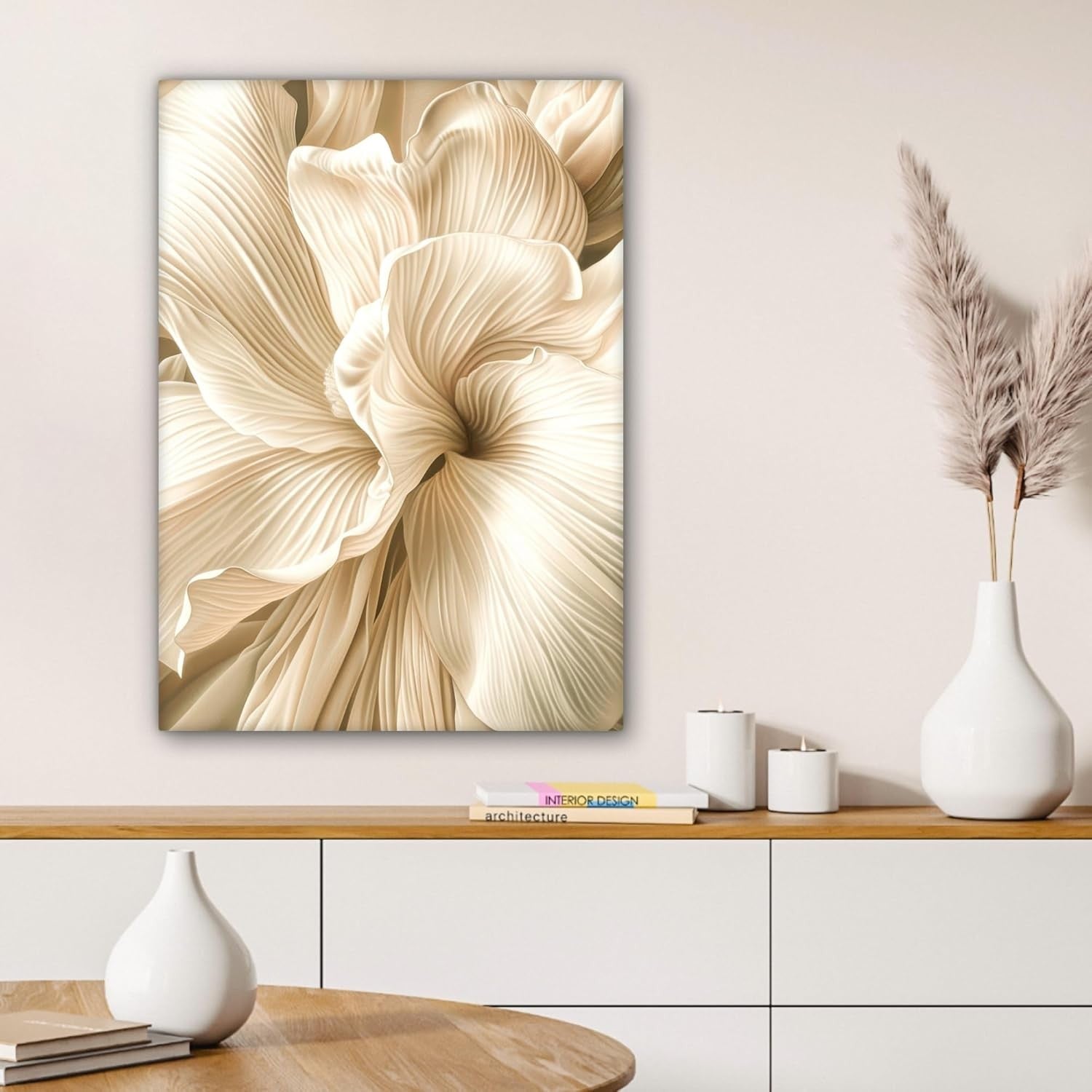 Large Framed Canvas Wall Art 50x70cm Beige Floral Abstract