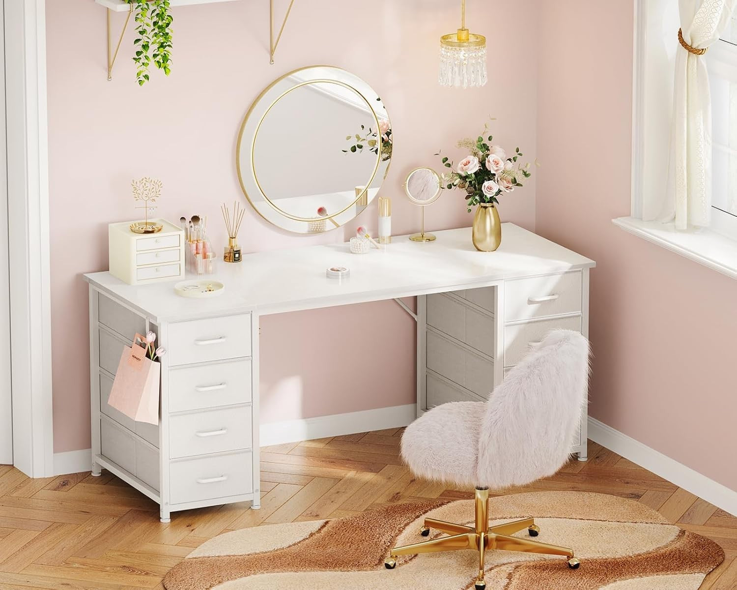 White 140x48cm Computer Desk with 8 Drawers, Modern Study & Office Table