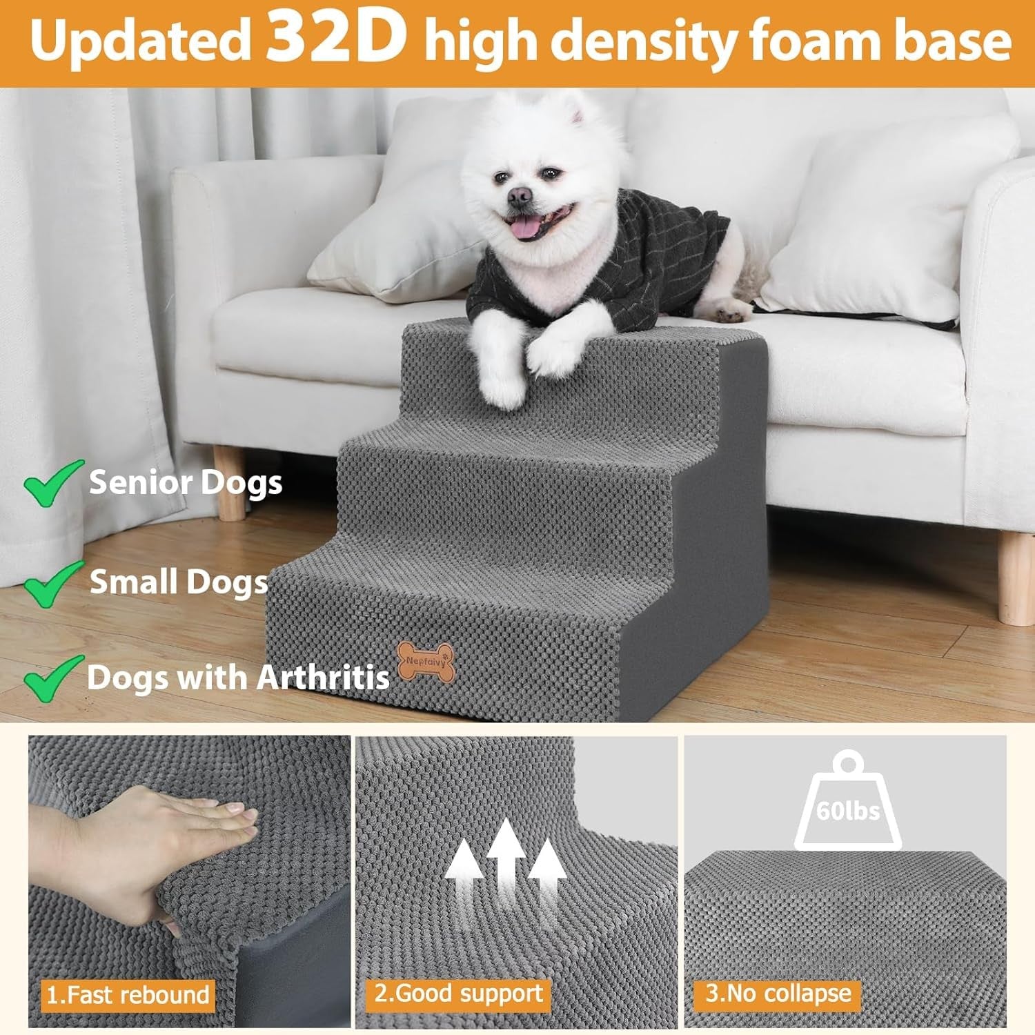 3-Step Dog Stairs Non-Slip Pet Ramp for Small Dogs Cats