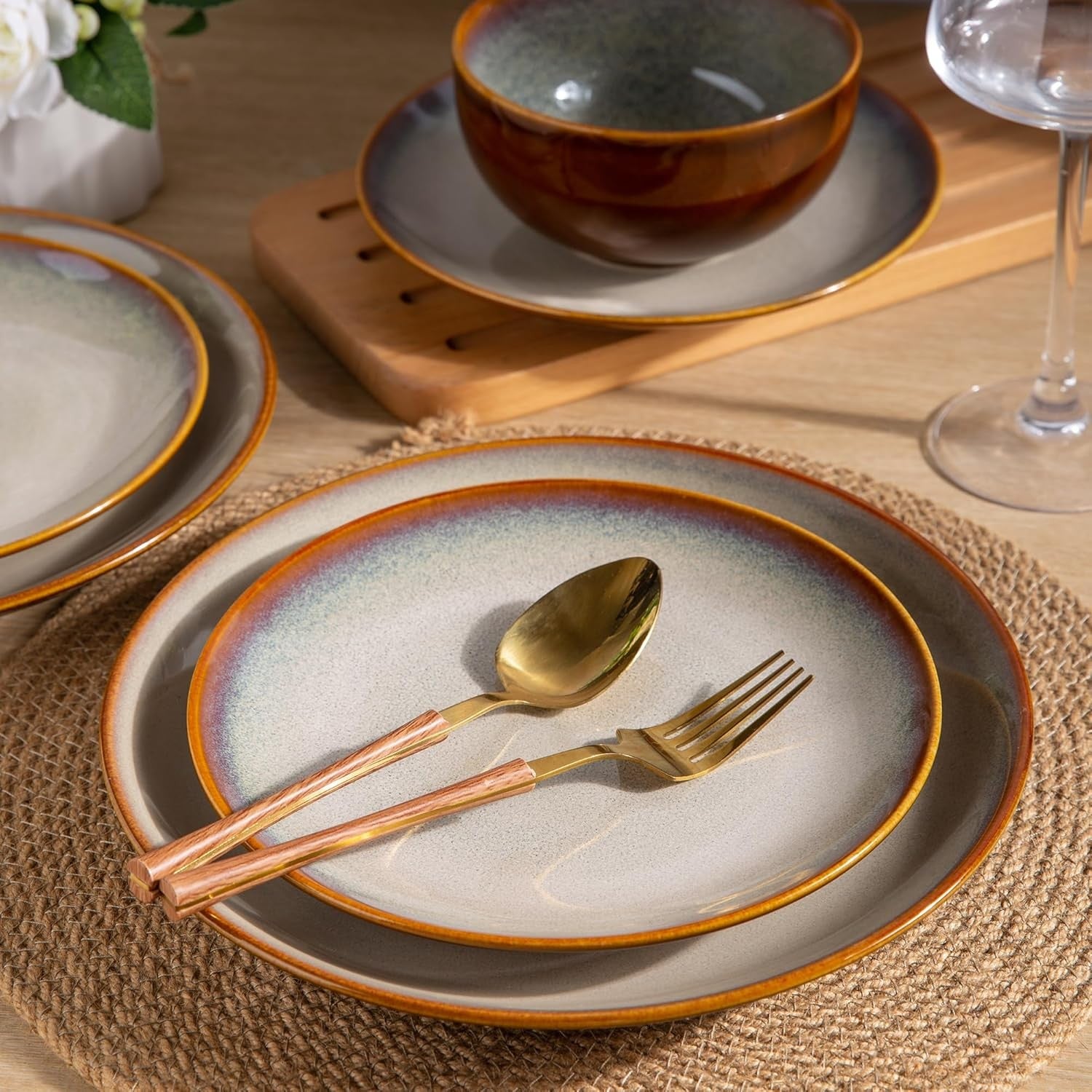 18 Piece Stoneware Dinner Set for 6 Cappuccino Reactive Glaze Plates Bowls