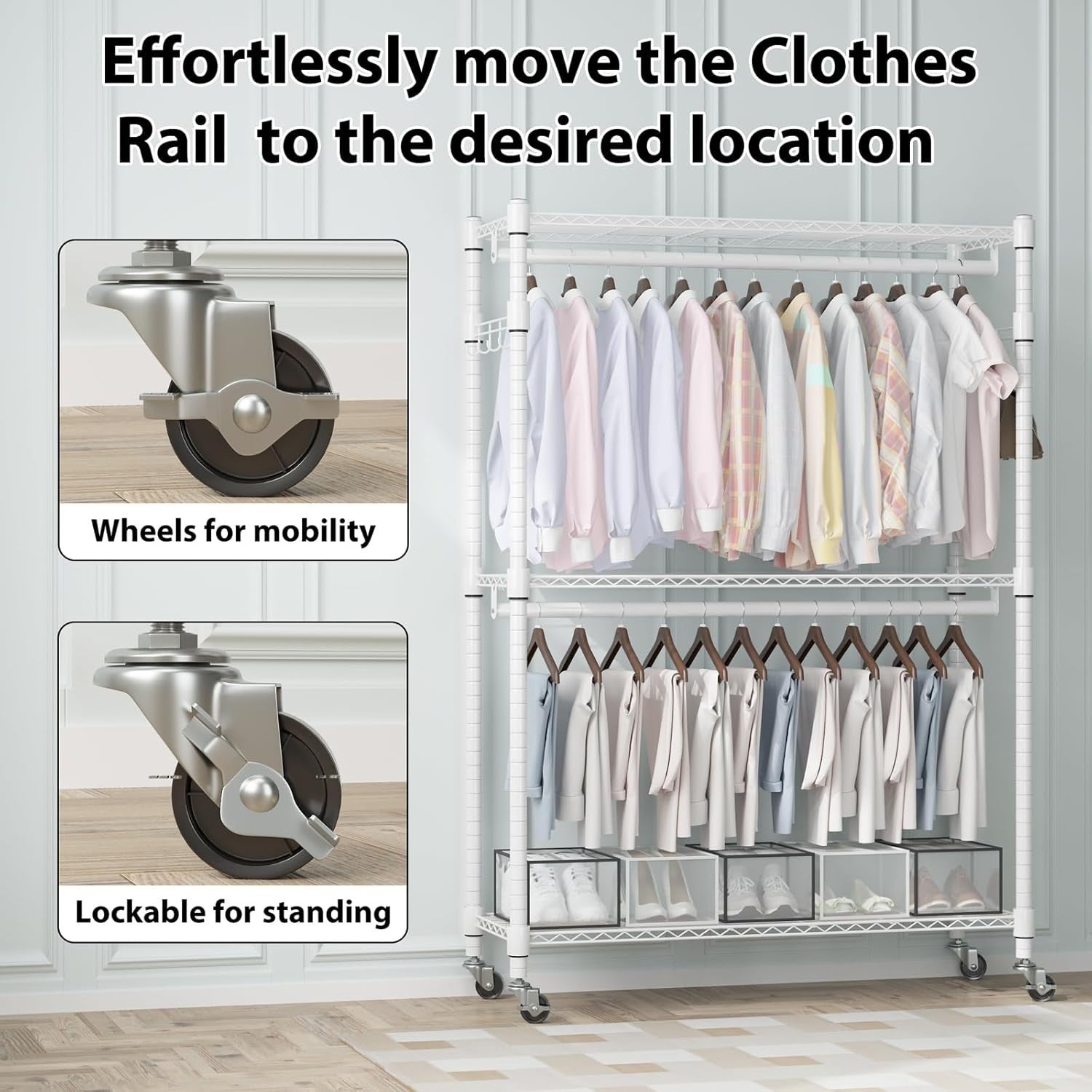 Heavy Duty Double Rod Clothes Rail 3-Tier with Wheels – White 205cm