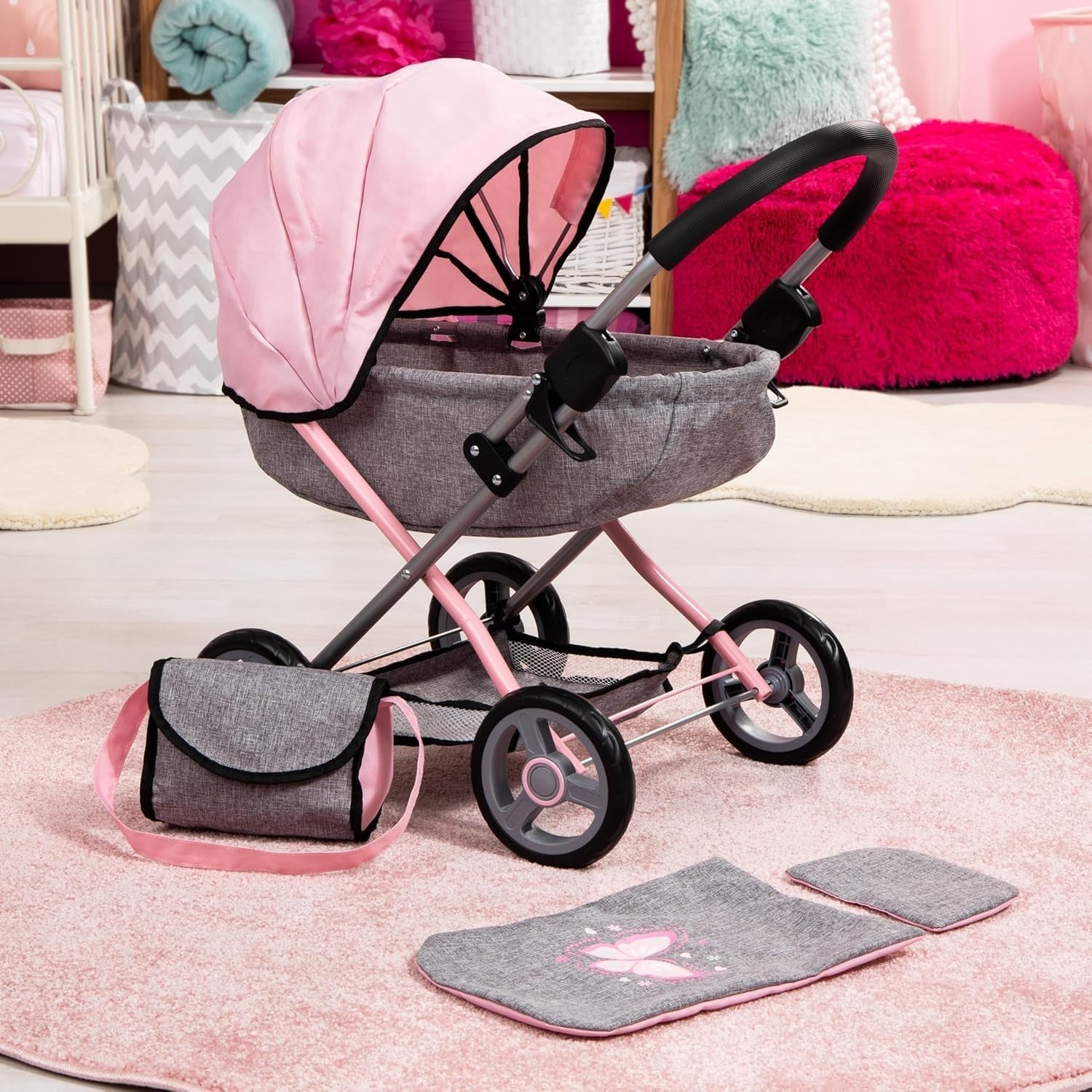 Foldable Baby Doll Pram Pushchair Toy with Accessories for 46cm Dolls