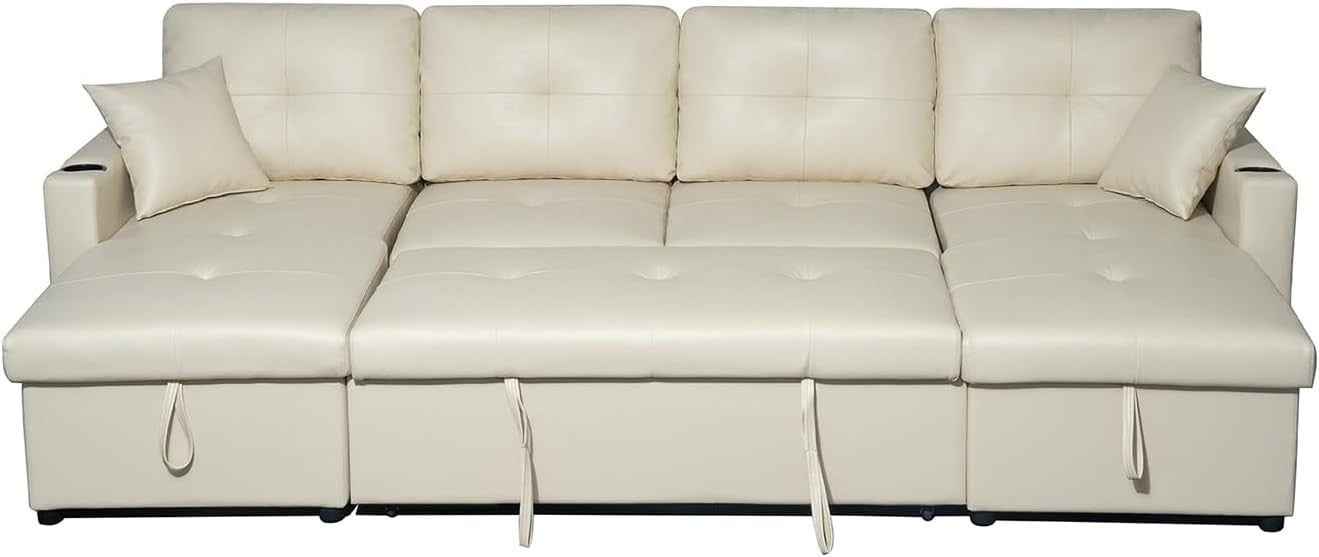 Cream Bonded Leather U-Shaped 4 Seater Sofa Bed with Storage & Pull-Out