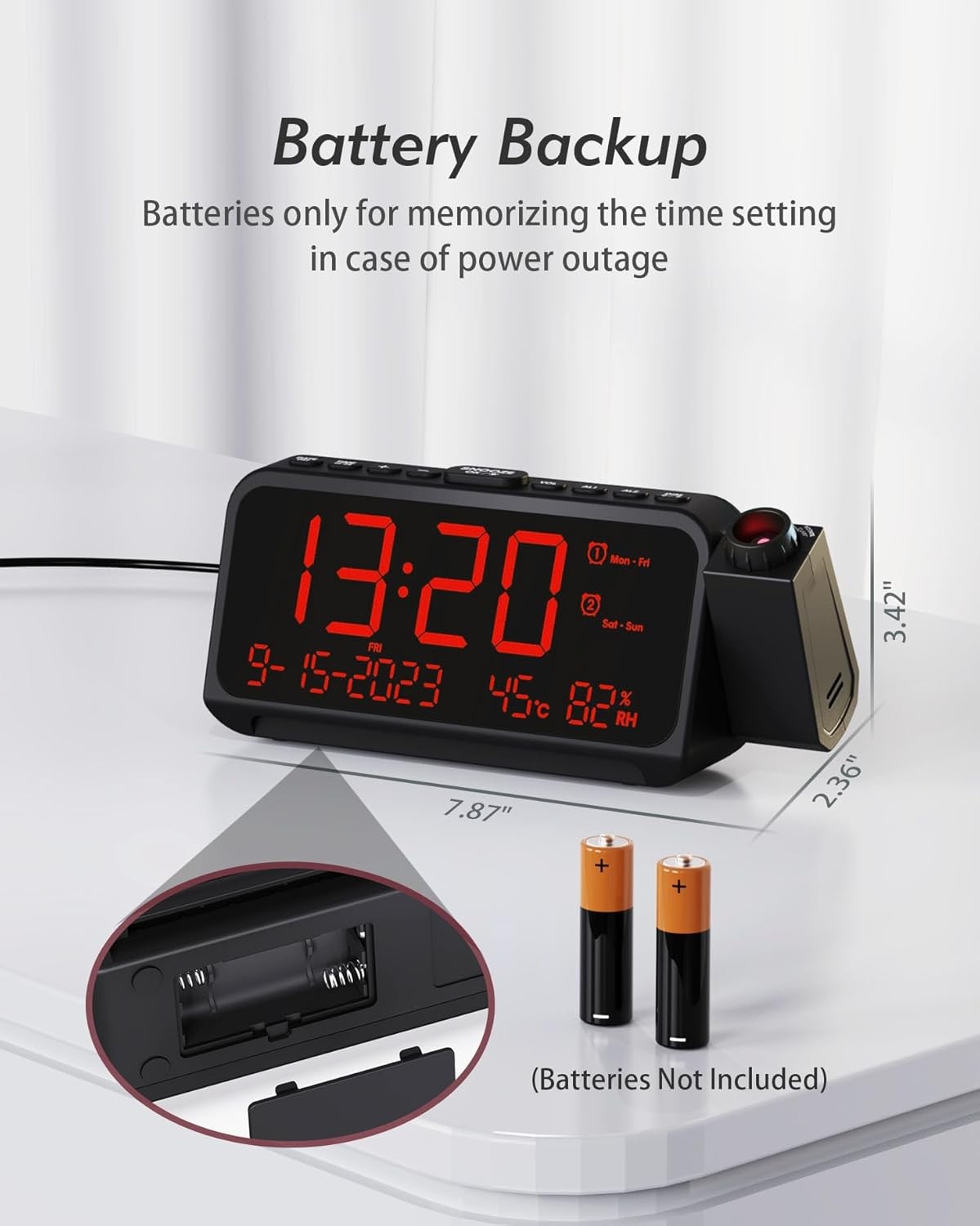 Projection Alarm Clock Ceiling Large Display Dual Alarm Temp Humidity Loud