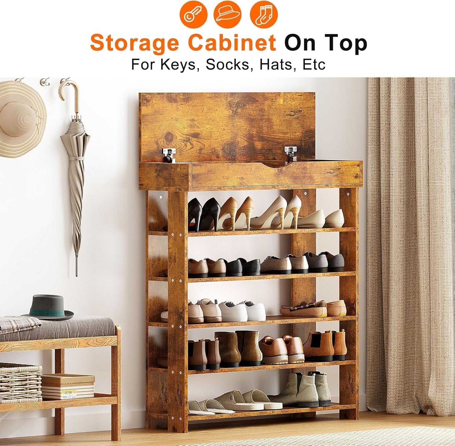 5-Tier Wooden Shoe Rack with Drawer, Space-Saving Storage Shelf 75x30x94cm
