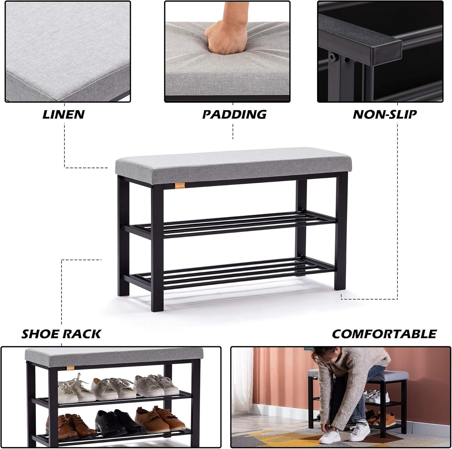 Light Grey Linen Shoe Storage Bench – 3-Tier Hallway Seat & Shoe Rack
