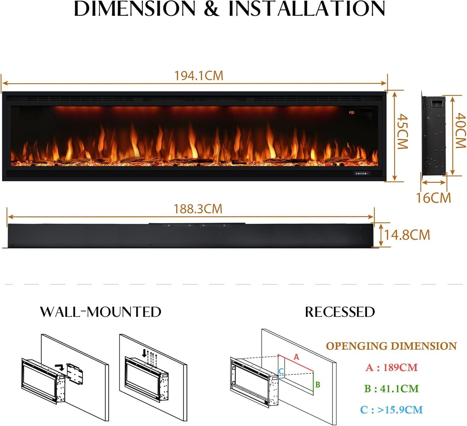Slim Electric Fireplace Wall Mount Heater 74” Remote Timer Multicolor Flame