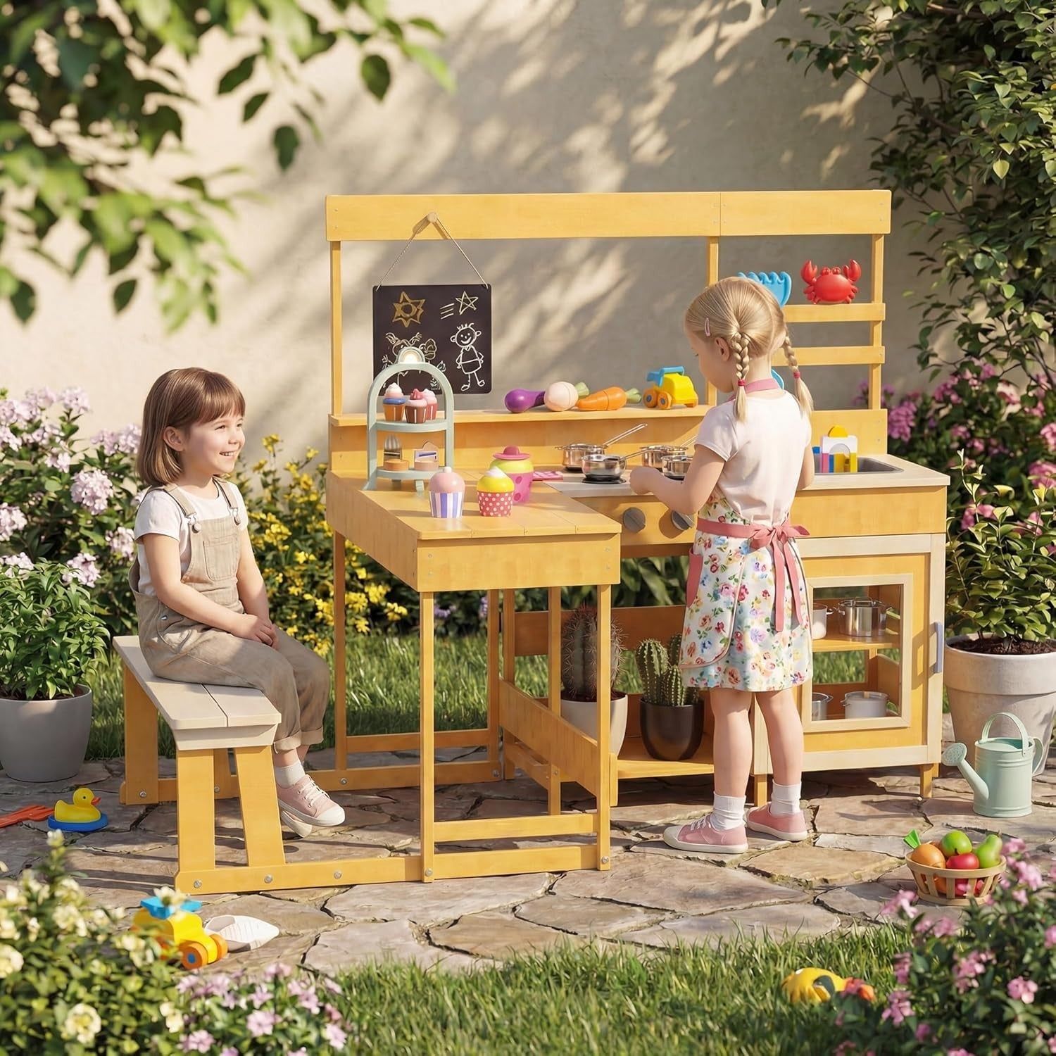 Kids Mud Kitchen Outdoor Wooden Play Kitchen Picnic Table Natural