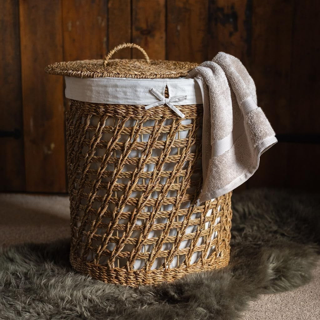 Extra Large Seagrass Laundry Basket with Lid & Cotton Liner – Handwoven Oval Sto