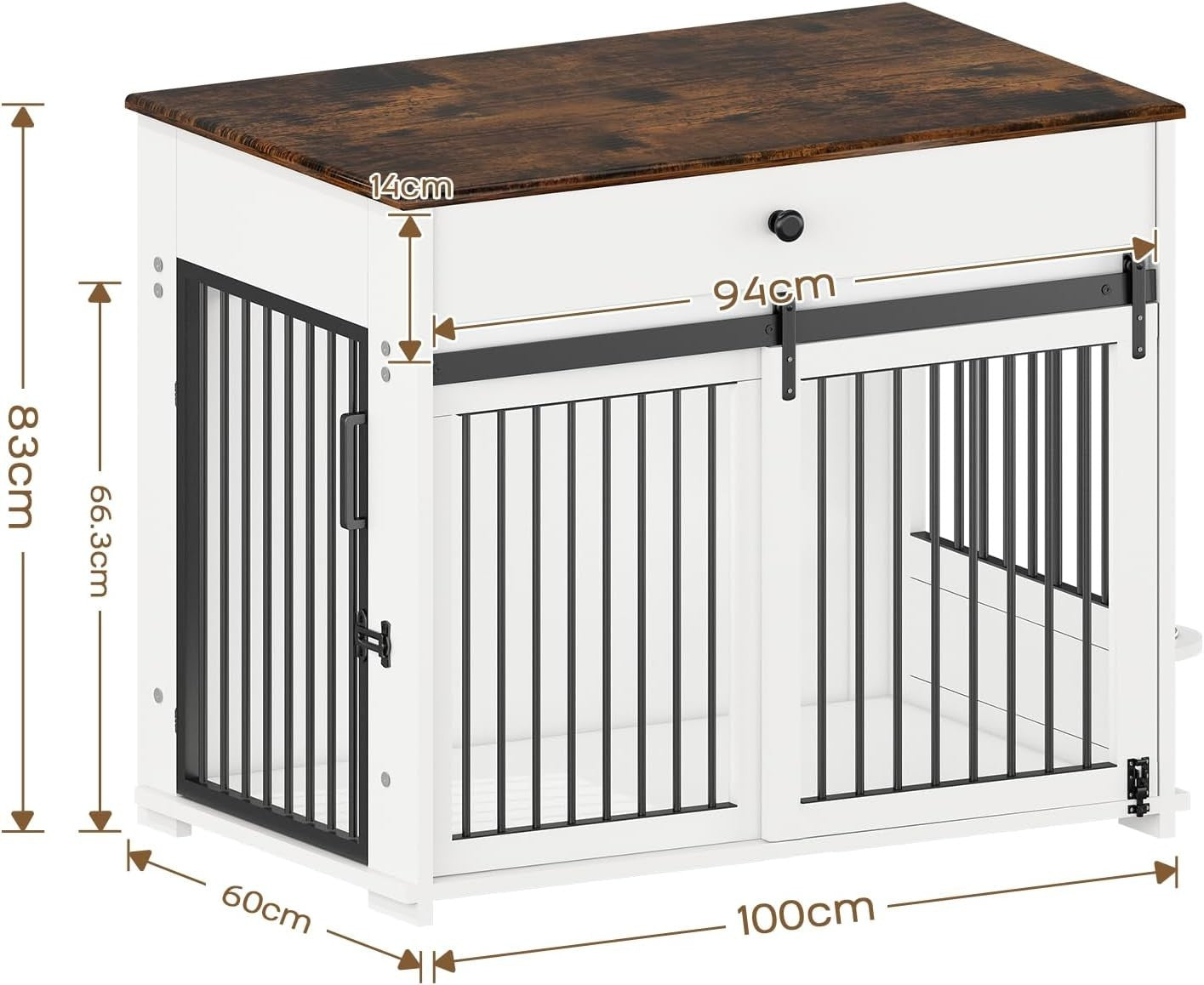 Large Indoor Wooden Dog Crate with Sliding Doors, Drawer & Rotatable Bowls