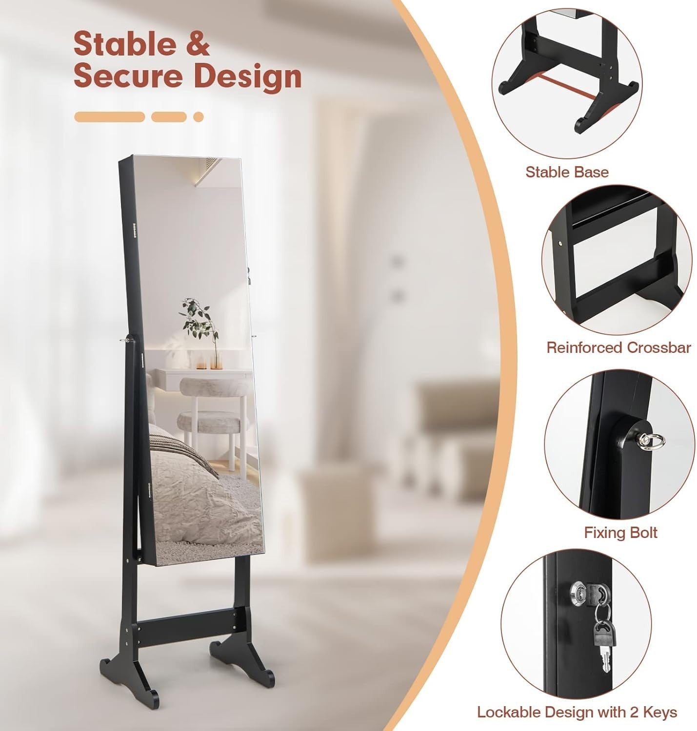 Lockable Standing Jewelry Armoire Mirror LED Lights Adjustable Angle Storage
