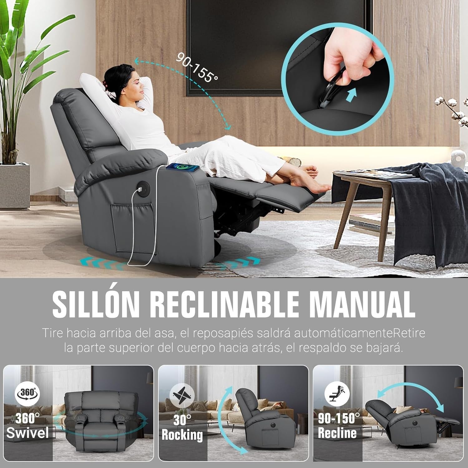 Massage Rocker Recliner Chair 360° Swivel USB Ports Vibration Dark Grey