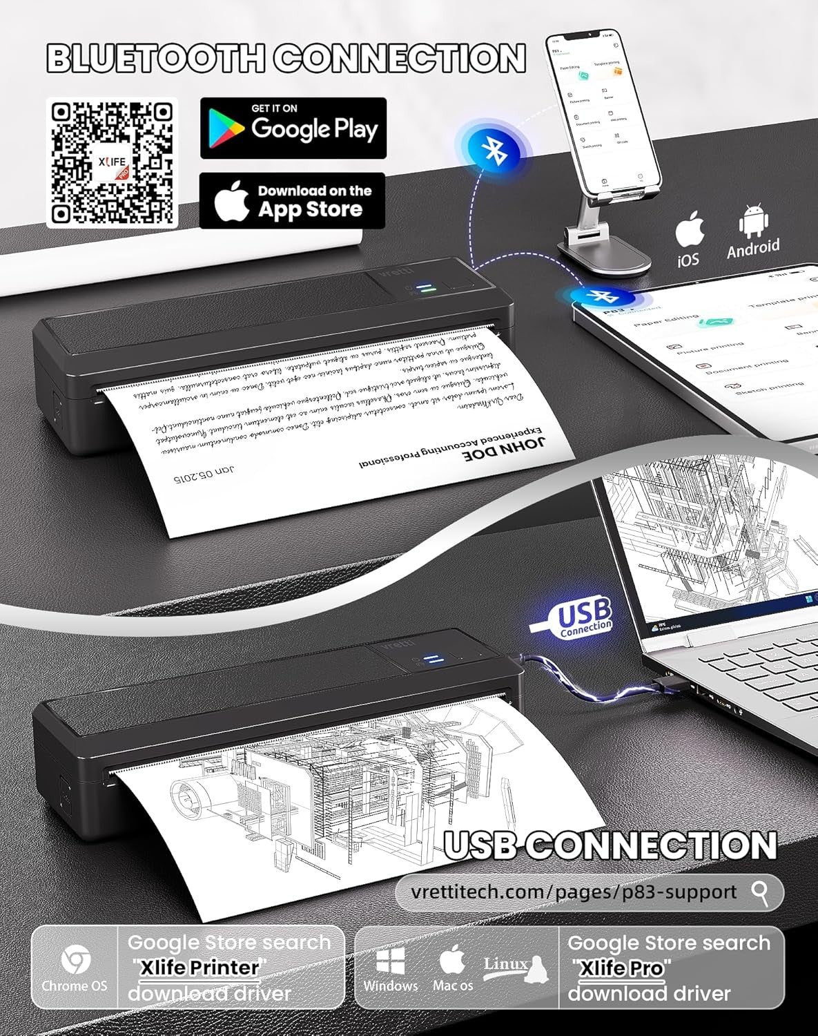 Portable A4 Thermal Printer Bluetooth Inkless Wireless