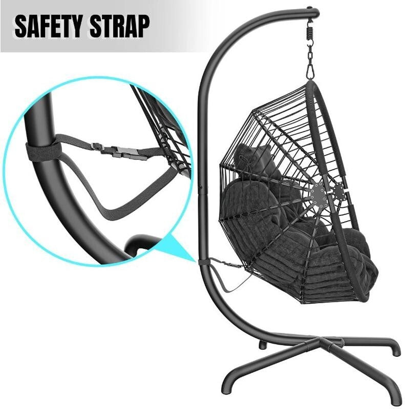 Hanging Egg Chair Garden Swing Seat Rattan Black with Cushion & Steel Frame