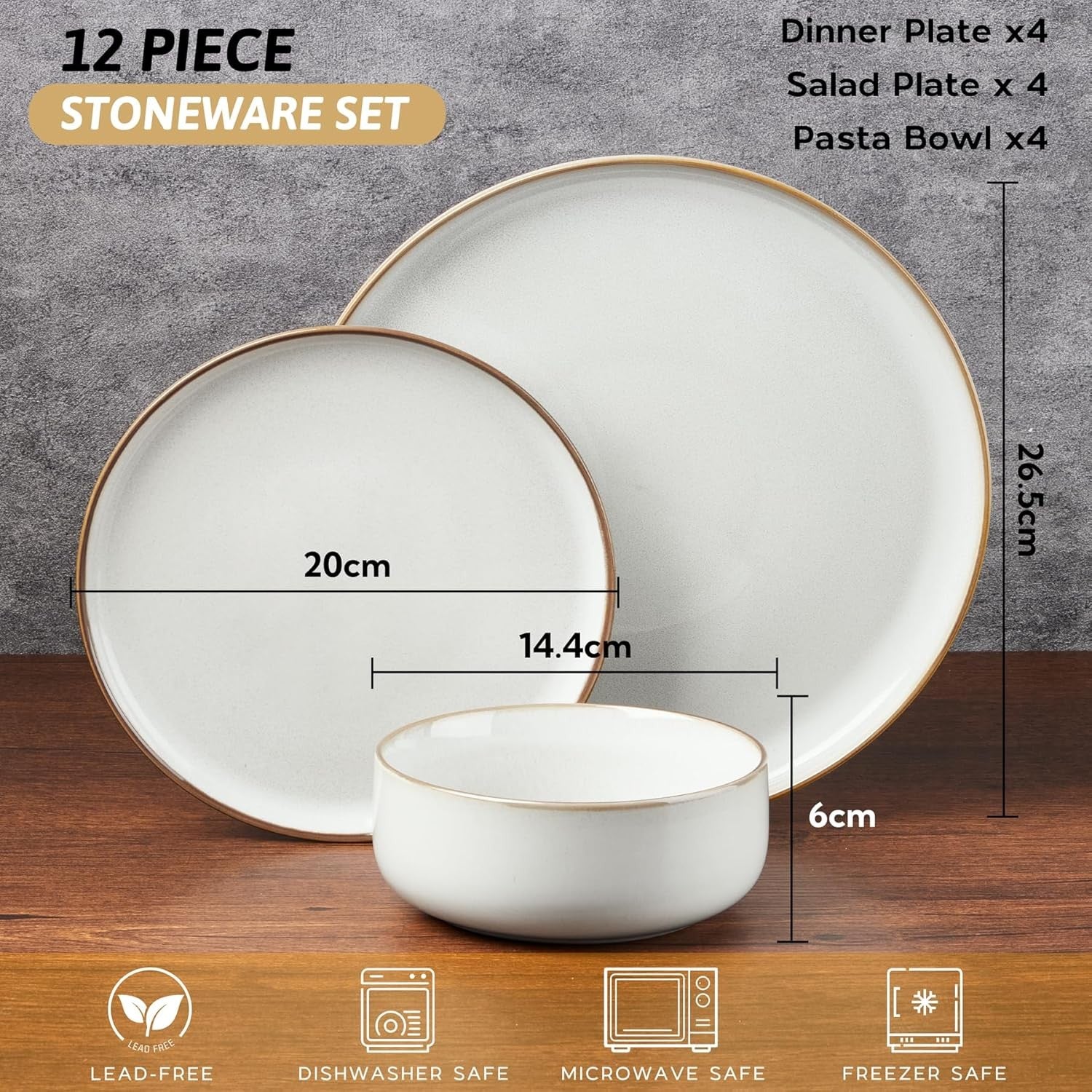 12 Piece Stoneware Dinner Set Plates Bowls Dishwasher Microwave