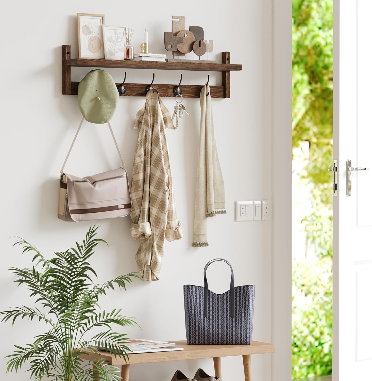 Wooden Wall Coat Rack with Shelf 73.5cm | 5 Hooks for Coats Hats Bags Keys