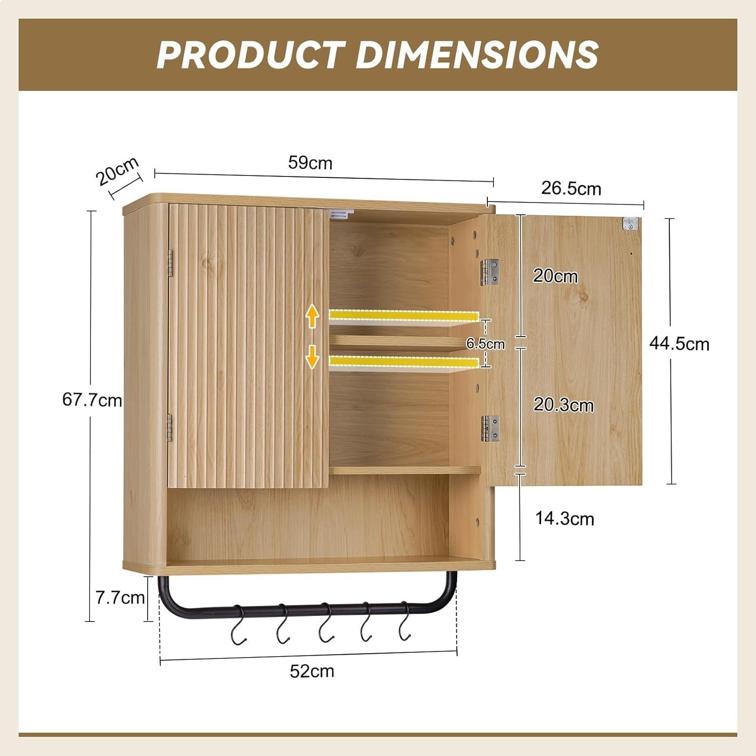 Deep Wall Mounted Kitchen & Bathroom Cabinet with Adjustable Shelves & Hooks