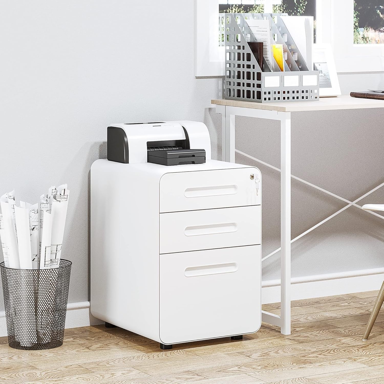 White 3 Drawer Lockable Filing Cabinet with Wheels A4 Home Office Storage