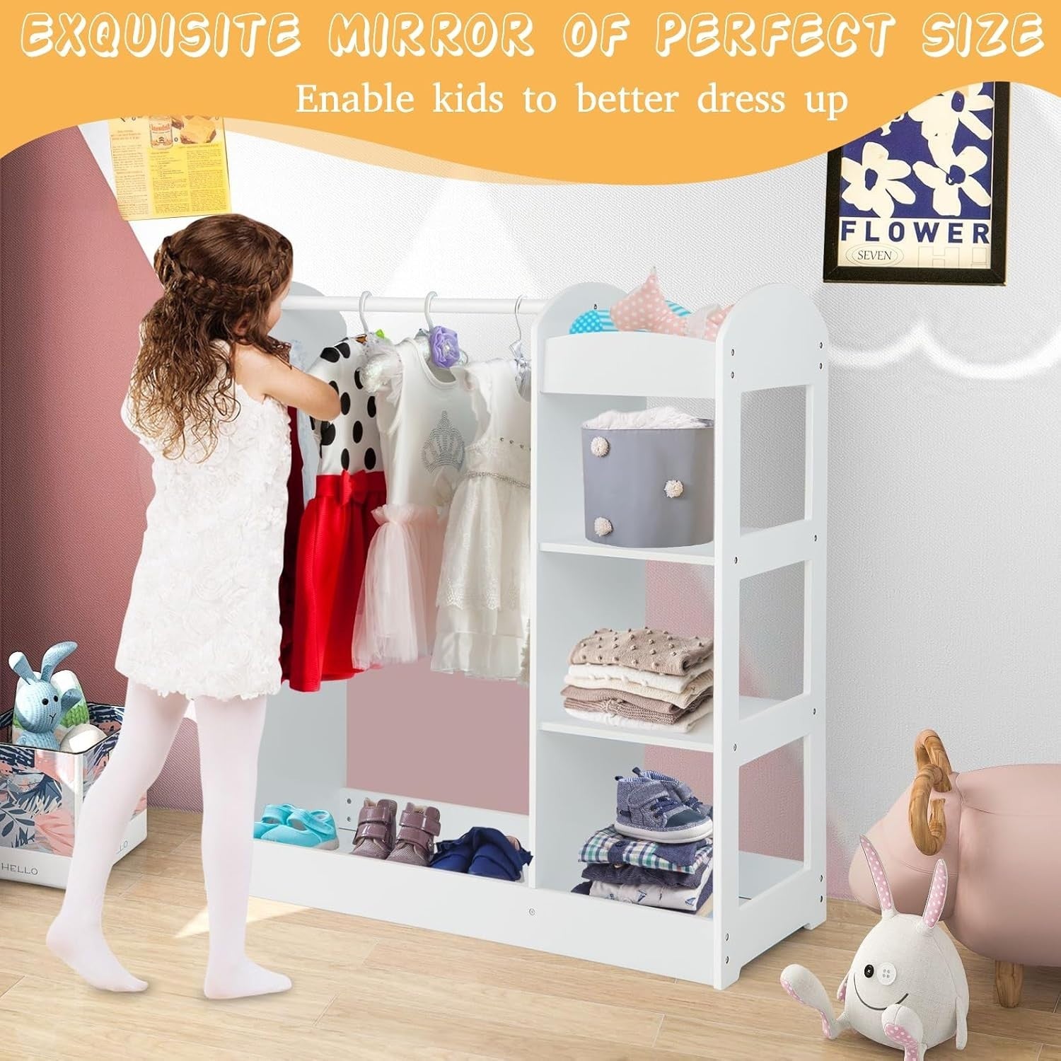 Kids Wooden Wardrobe Dress Up Storage with Mirror Clothes Rail Shelves White