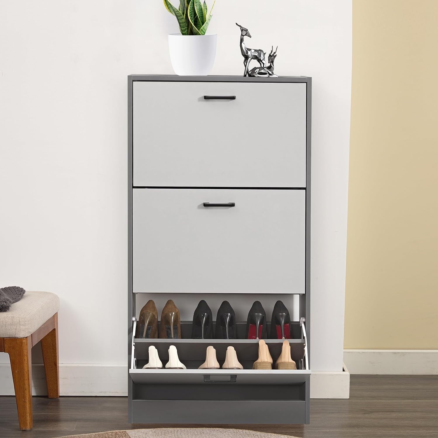 Silver & Dark Grey 3 Drawer Shoe Cabinet with Shelf, Modern Slim Storage Unit