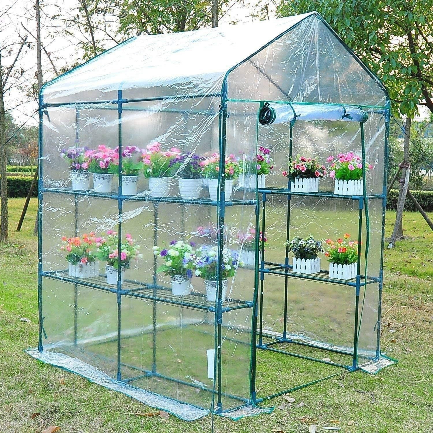 Walk-In Greenhouse with 8 Shelves PVC Cover Sturdy Steel Frame Outdoor Grow Tent