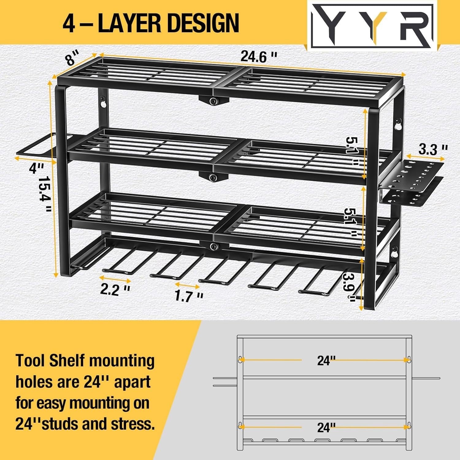 Power Tool Organizer Wall Mount 4-Layer Drill Rack Battery Tools Holder 62.2cm