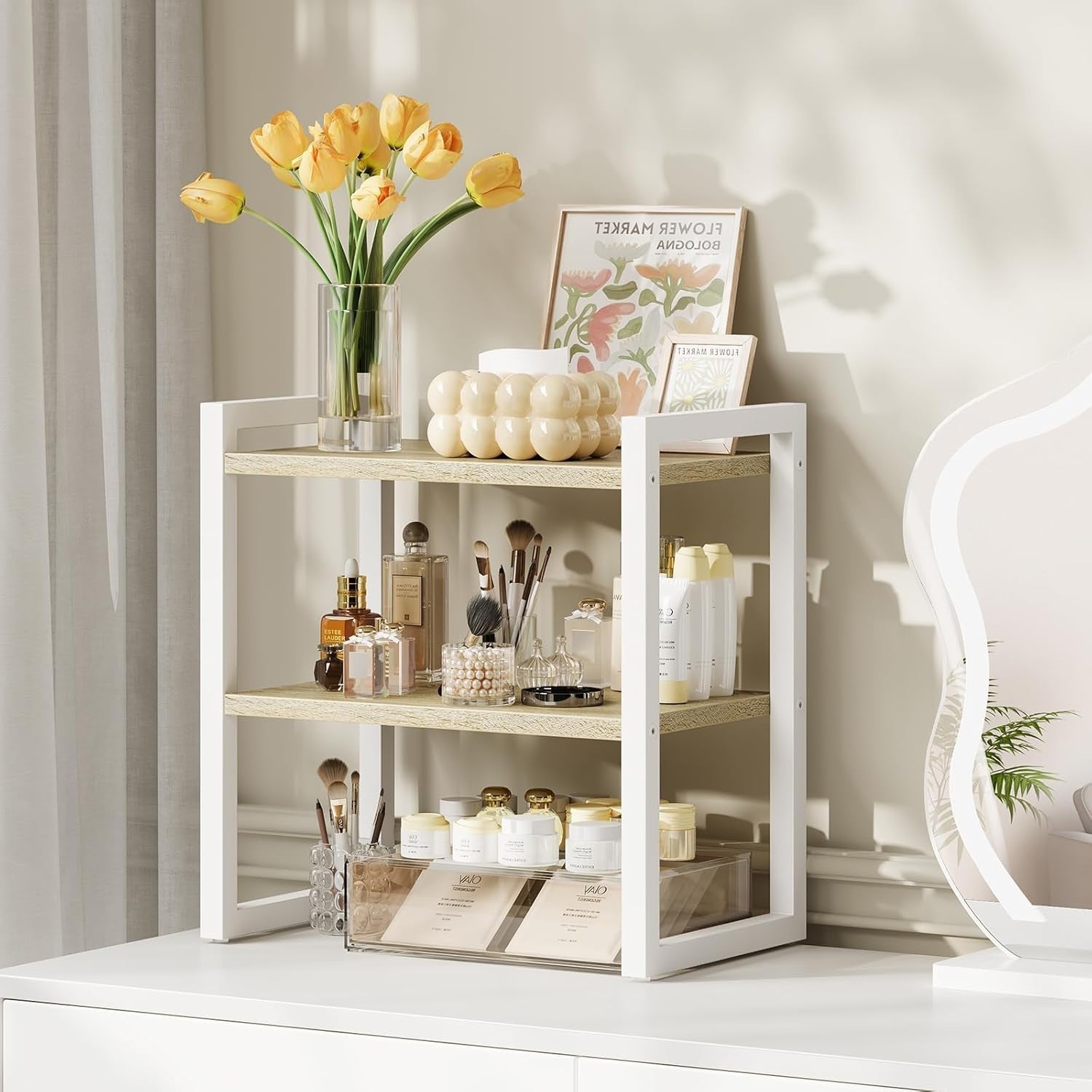 2-Tier White & Natural Desk Shelf Desktop Bookshelf Organizer for Office & Home