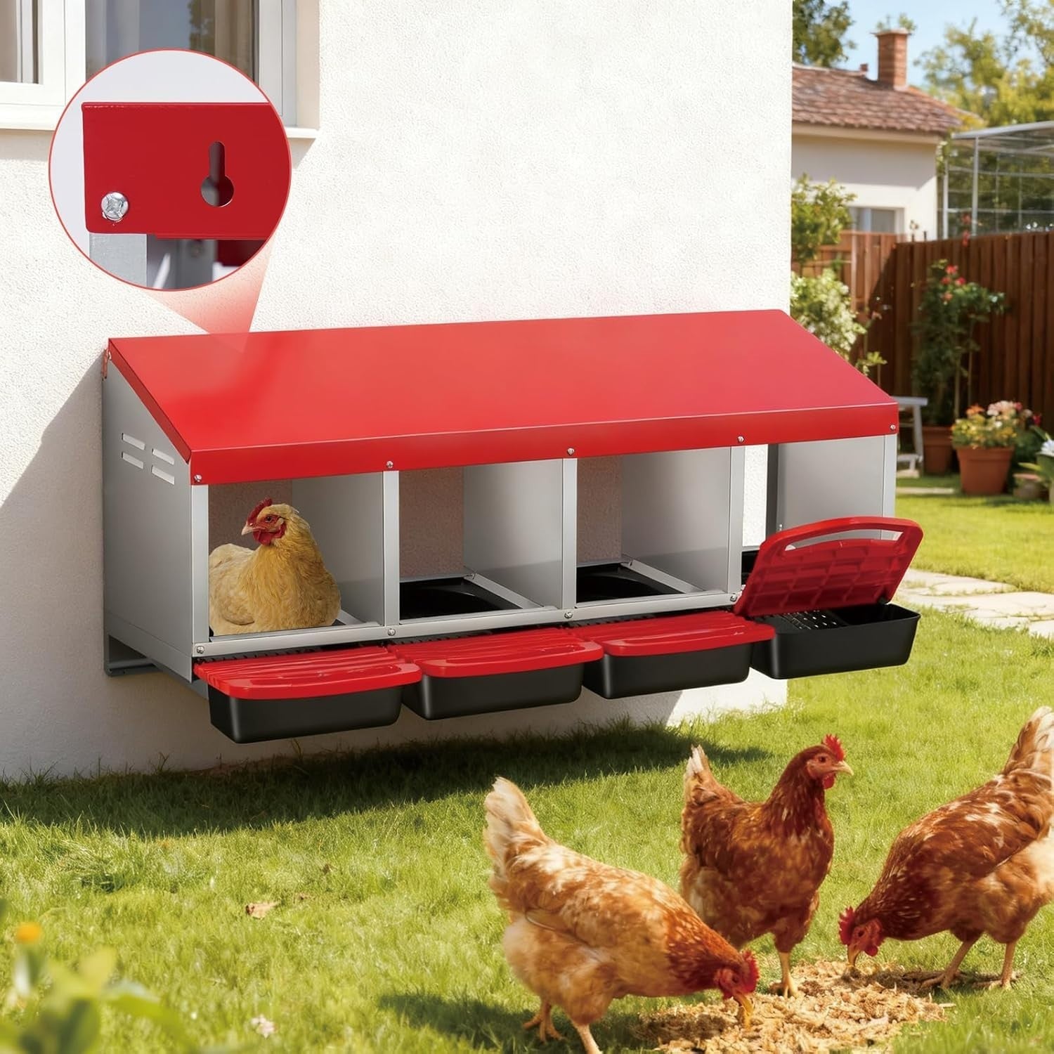 4 Chamber Galvanised Steel Chicken Nest Box Pull Out Tray