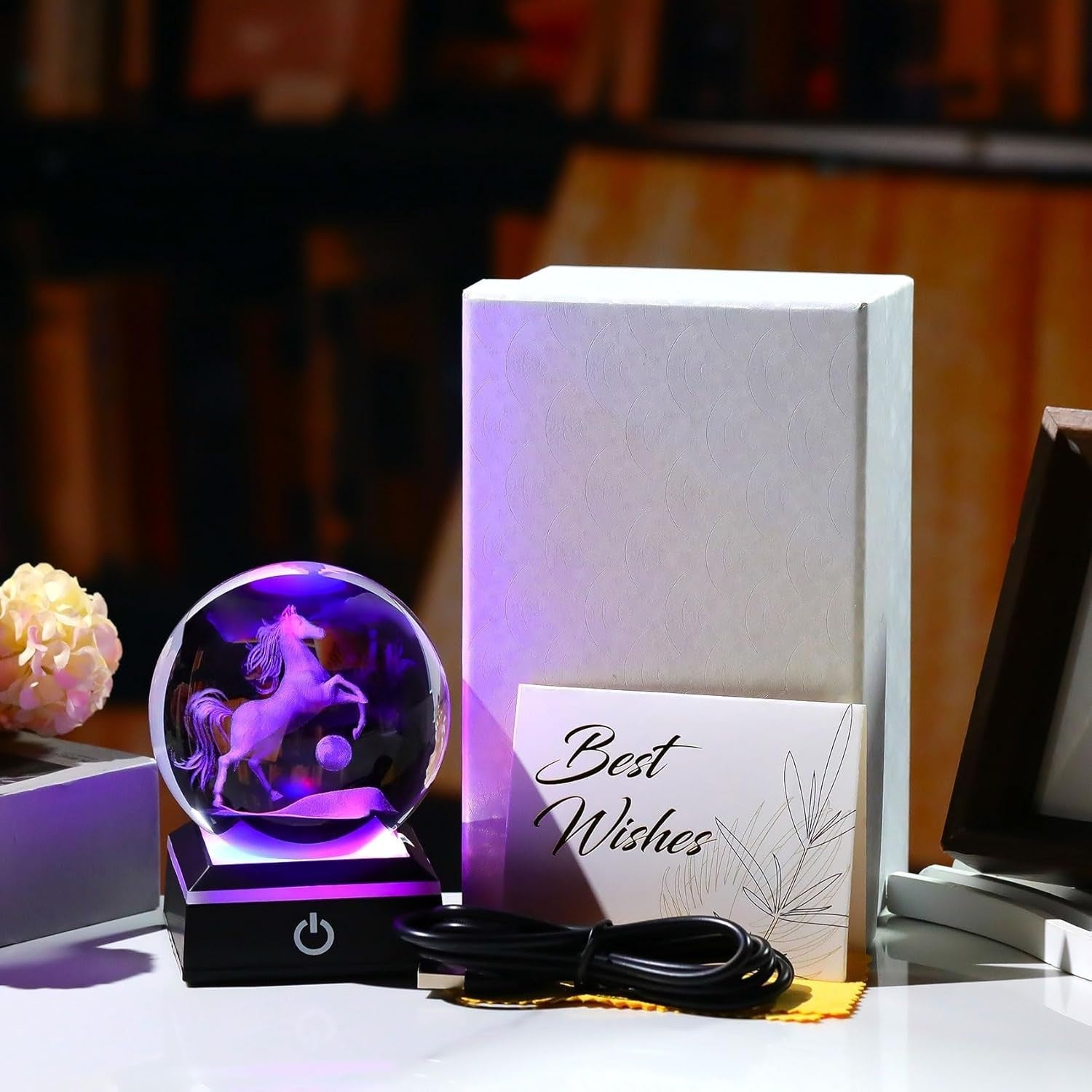 3D Crystal Horse Ball LED Light 8cm K9 Glass Ornament Gift Home Decor