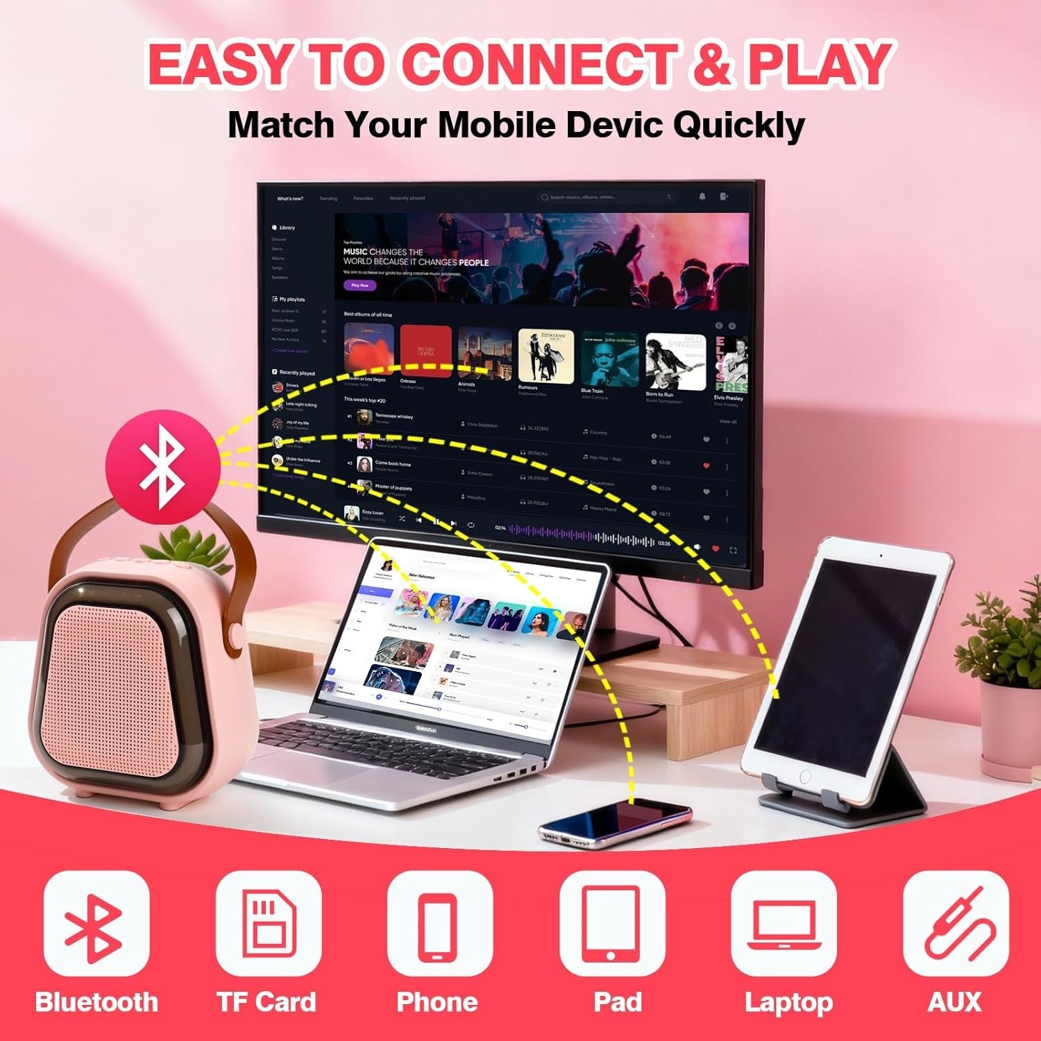 Pink Karaoke Machine 2 Microphones Bluetooth LED Speaker