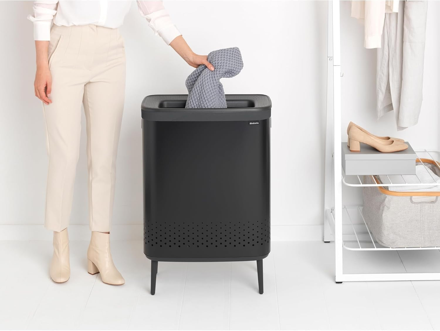 Modern 90L Laundry Bin with Lid, 2 Compartments, Hygienic Quick-Drop Opening