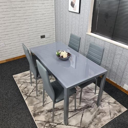 Grey Glass Dining Table Set with 4 Leather Chairs Modern Kitchen Furniture