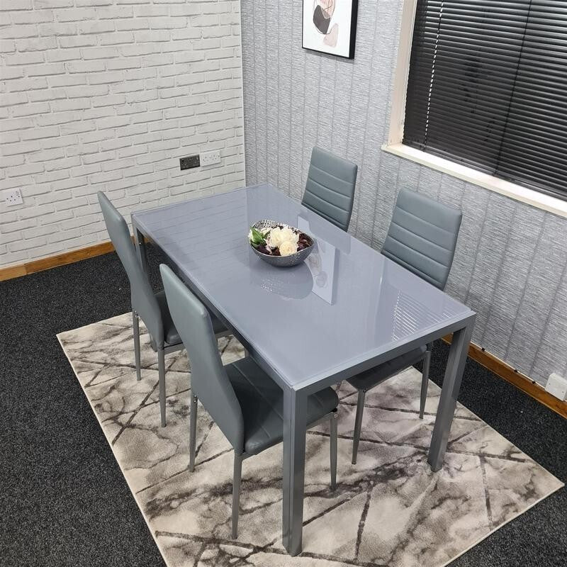 Grey Glass Dining Table Set with 4 Leather Chairs Modern Kitchen Furniture