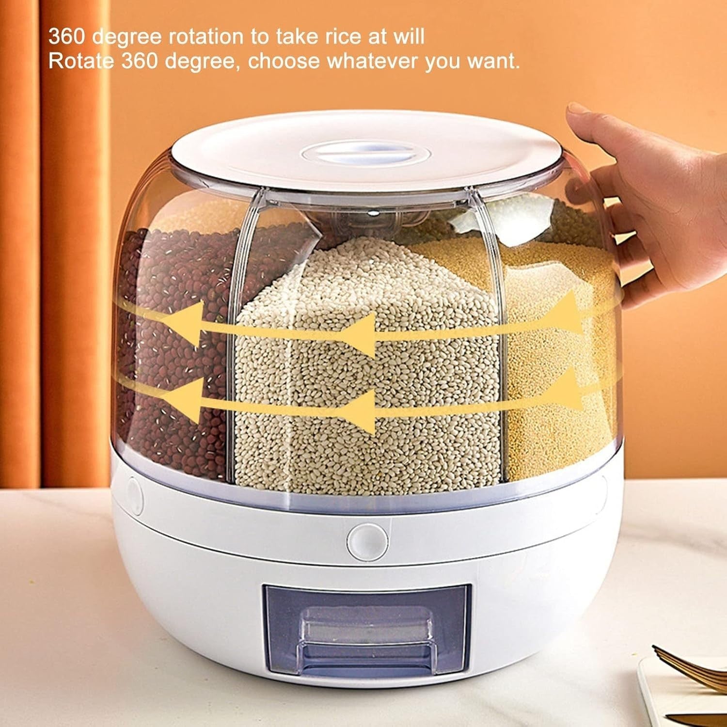10KG 6 Grid Rotating Rice Dispenser 360° Grain Storage Container