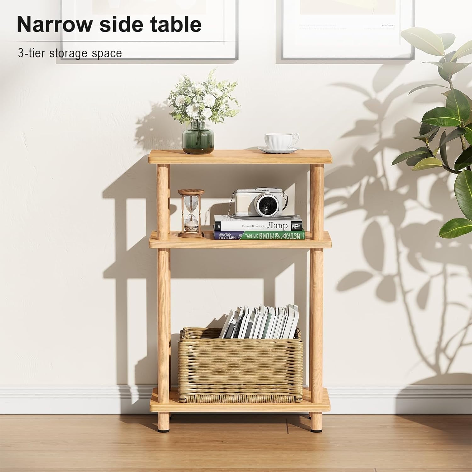 Slim 3-Tier Side Table, Space-Saving Narrow End Table for Living Room, Oak