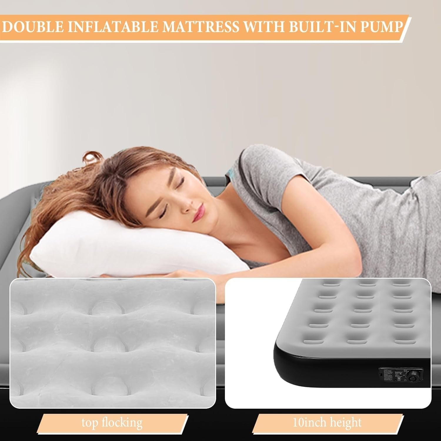 Double Inflatable Air Mattress Built-In Pump Plush Top Camping Bed